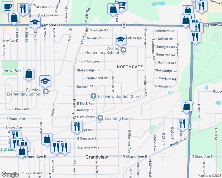 map of restaurants, bars, coffee shops, grocery stores, and more near 1800-1898 Camden St in Springfield