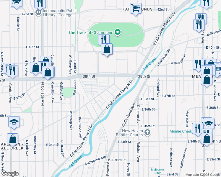 map of restaurants, bars, coffee shops, grocery stores, and more near 1445 Fairfield Avenue in Indianapolis
