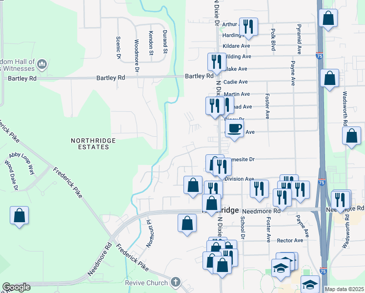 map of restaurants, bars, coffee shops, grocery stores, and more near 1915 Palisades Drive in Dayton