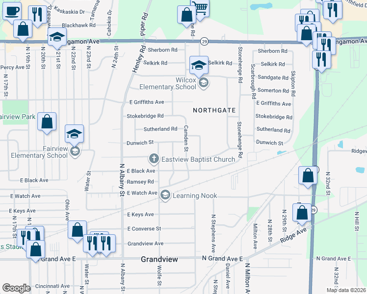 map of restaurants, bars, coffee shops, grocery stores, and more near 1800-1898 Camden St in Springfield