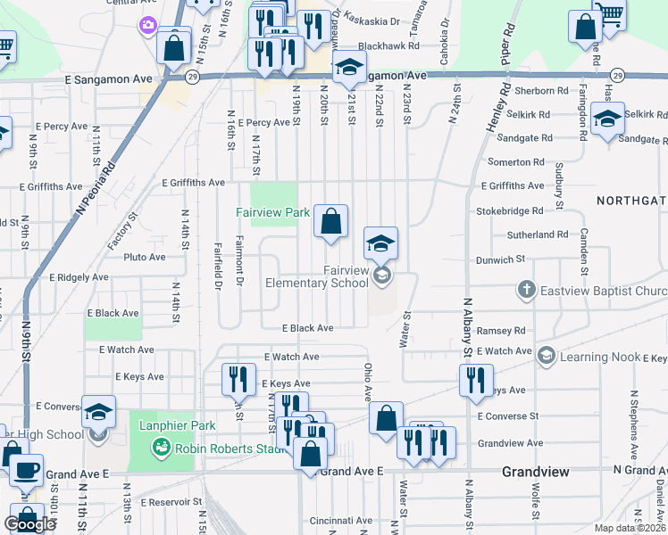 map of restaurants, bars, coffee shops, grocery stores, and more near 1653 North 21st Street in Springfield
