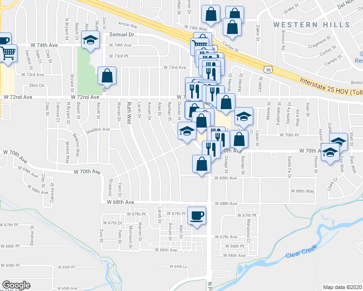 map of restaurants, bars, coffee shops, grocery stores, and more near 4830 Raritan Street in Denver