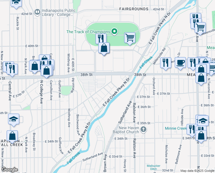 map of restaurants, bars, coffee shops, grocery stores, and more near 1445 Fairfield Avenue in Indianapolis