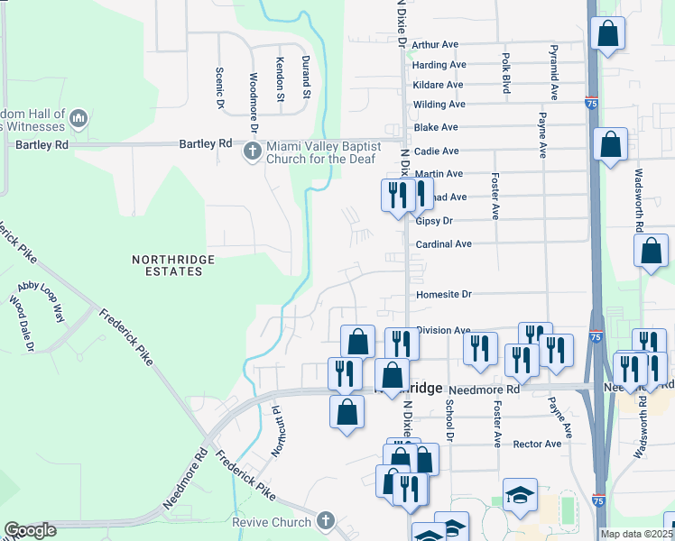 map of restaurants, bars, coffee shops, grocery stores, and more near 1915 Palisades Drive in Dayton
