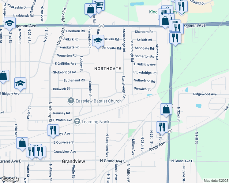 map of restaurants, bars, coffee shops, grocery stores, and more near 1829 Stanhope Road in Springfield