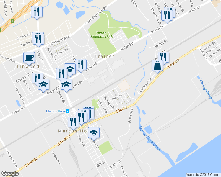 map of restaurants, bars, coffee shops, grocery stores, and more near 21 Chestnut Street in Marcus Hook