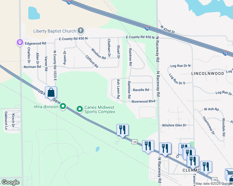 map of restaurants, bars, coffee shops, grocery stores, and more near 4094 Ash Lawn Road in Indianapolis