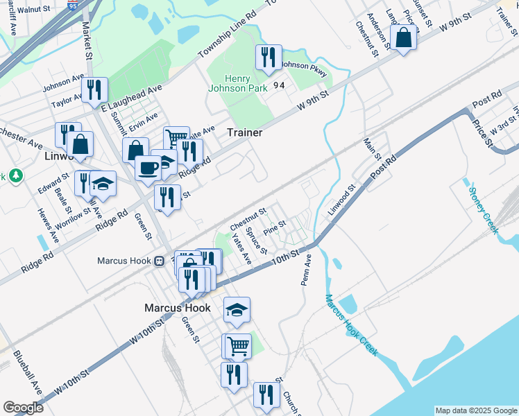 map of restaurants, bars, coffee shops, grocery stores, and more near 21 Chestnut Street in Marcus Hook