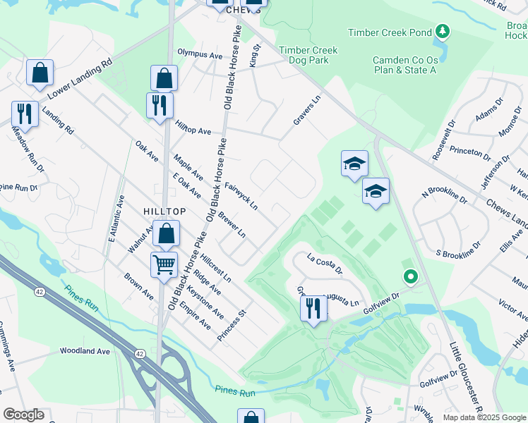 map of restaurants, bars, coffee shops, grocery stores, and more near 43 Fairwyck Lane in Camden County