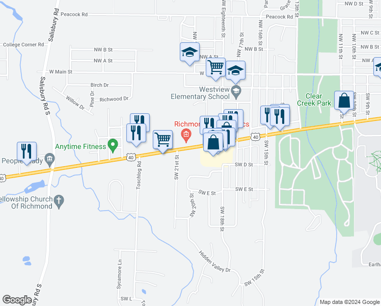 map of restaurants, bars, coffee shops, grocery stores, and more near 1925 National Road West in Richmond