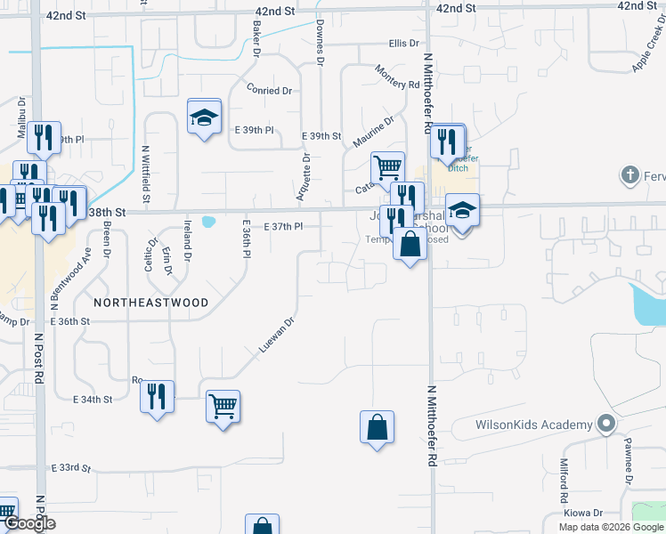map of restaurants, bars, coffee shops, grocery stores, and more near 3651 Tudor Park Drive in Indianapolis