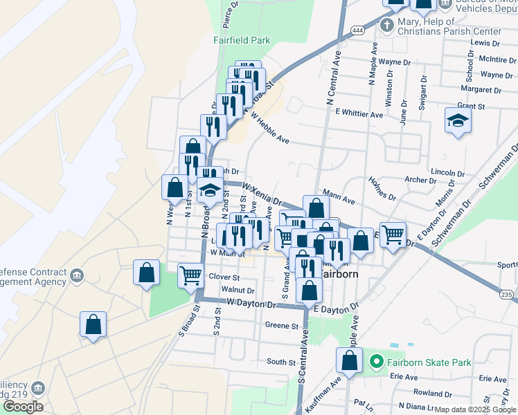 map of restaurants, bars, coffee shops, grocery stores, and more near 69 North Wright Avenue in Fairborn