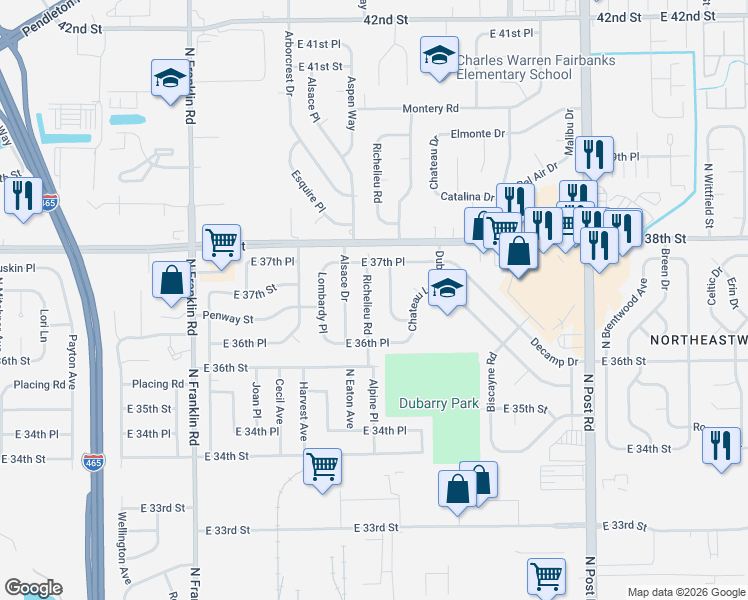 map of restaurants, bars, coffee shops, grocery stores, and more near 3647 Richelieu Road in Indianapolis