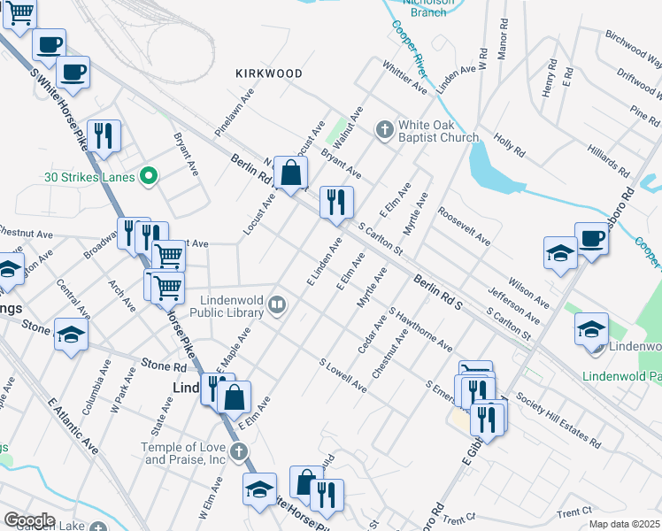 map of restaurants, bars, coffee shops, grocery stores, and more near 503 East Linden Avenue in Lindenwold