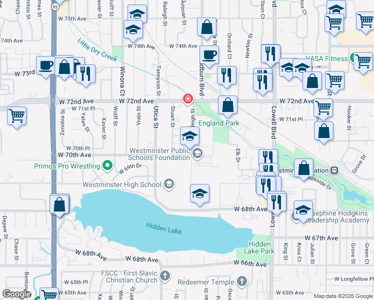map of restaurants, bars, coffee shops, grocery stores, and more near 6933 North Raleigh Street in Westminster