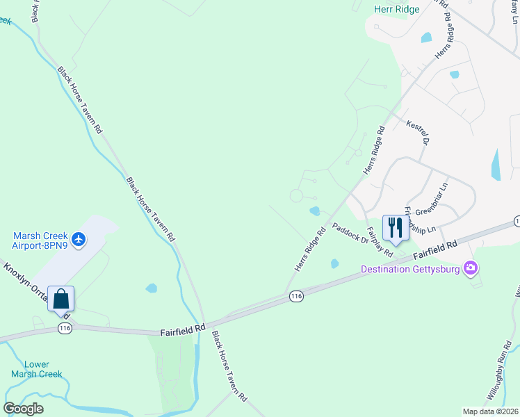 map of restaurants, bars, coffee shops, grocery stores, and more near 110 Red Oak Lane in Gettysburg