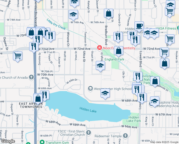 map of restaurants, bars, coffee shops, grocery stores, and more near 6985 Stuart Street in Westminster
