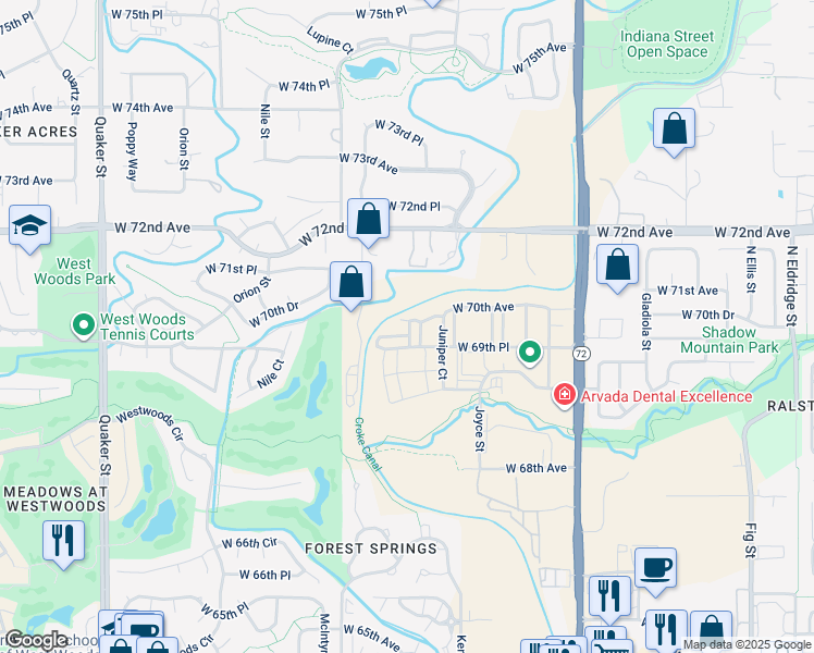 map of restaurants, bars, coffee shops, grocery stores, and more near 15260 West 69th Circle in Arvada