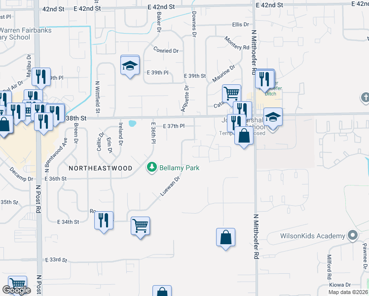 map of restaurants, bars, coffee shops, grocery stores, and more near 3656 Newgate Lane in Indianapolis