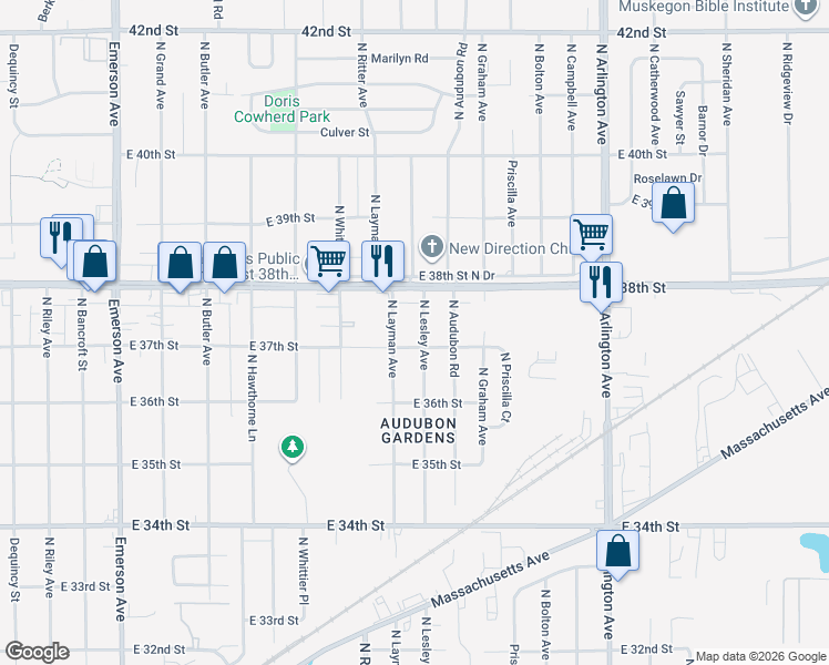 map of restaurants, bars, coffee shops, grocery stores, and more near 3649 North Lesley Avenue in Indianapolis