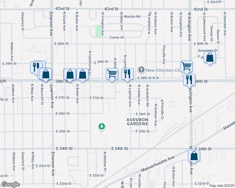 map of restaurants, bars, coffee shops, grocery stores, and more near 3665 North Whittier Place in Indianapolis