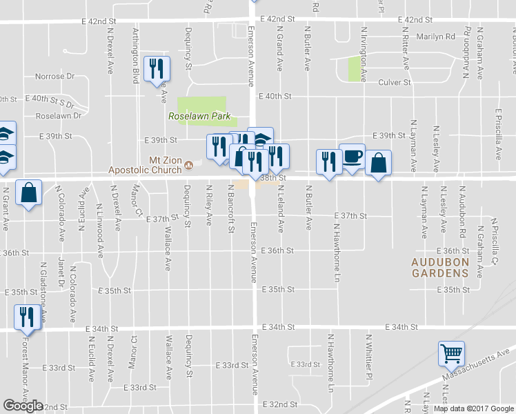 map of restaurants, bars, coffee shops, grocery stores, and more near 3637 North Emerson Avenue in Indianapolis