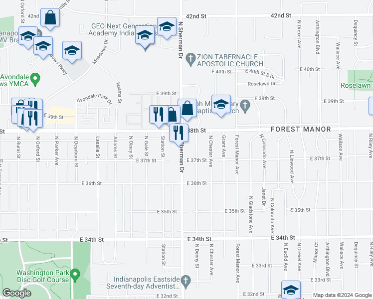 map of restaurants, bars, coffee shops, grocery stores, and more near 3704 North Sherman Drive in Indianapolis