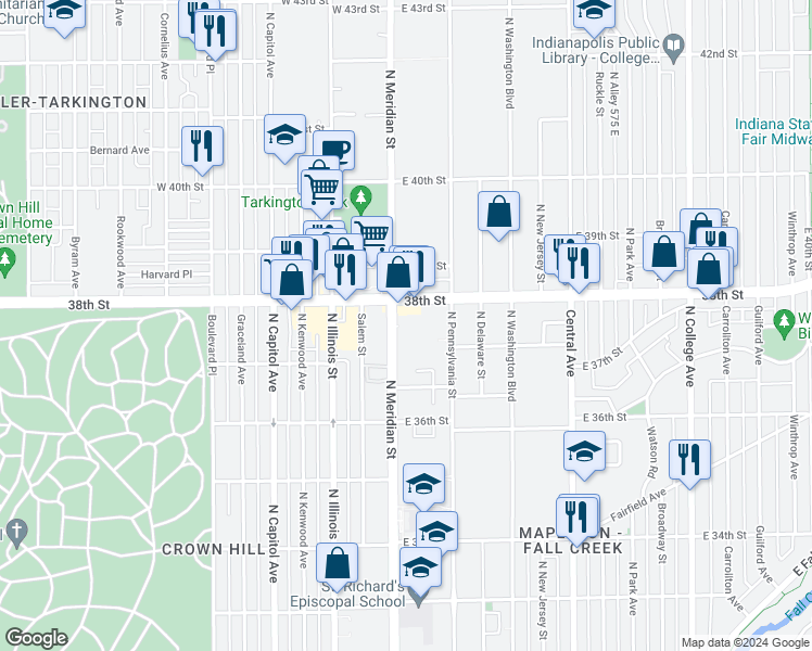 map of restaurants, bars, coffee shops, grocery stores, and more near 3736 North Meridian Street in Indianapolis