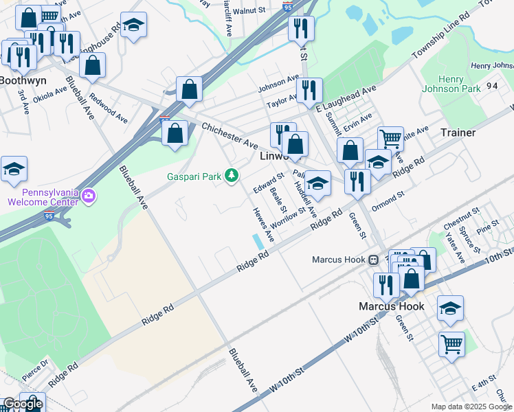 map of restaurants, bars, coffee shops, grocery stores, and more near 1545 Hewes Avenue in Marcus Hook