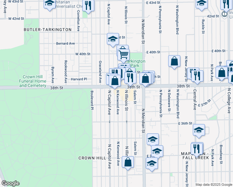 map of restaurants, bars, coffee shops, grocery stores, and more near 3719 North Kenwood Avenue in Indianapolis