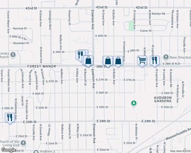 map of restaurants, bars, coffee shops, grocery stores, and more near 3637 North Emerson Avenue in Indianapolis