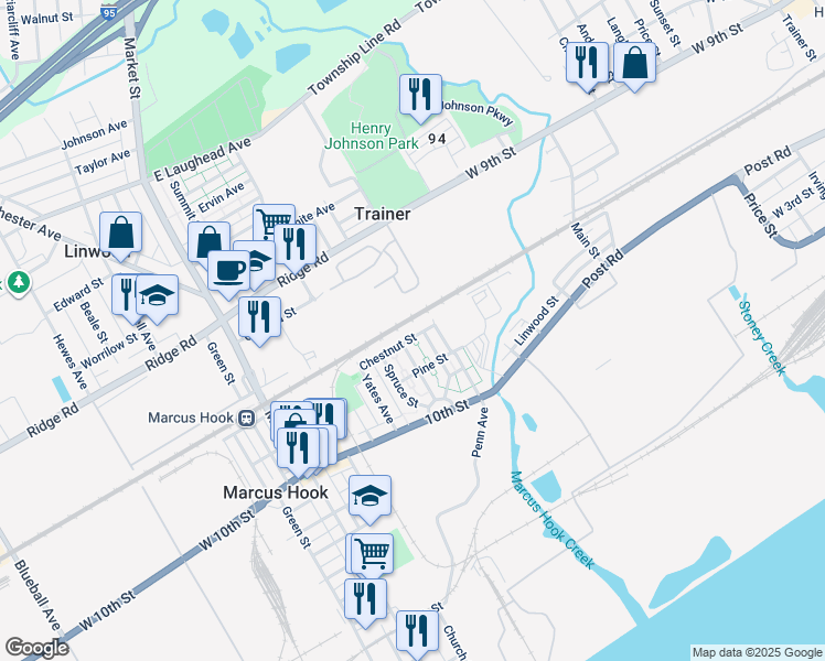 map of restaurants, bars, coffee shops, grocery stores, and more near 27 Chestnut Street in Marcus Hook