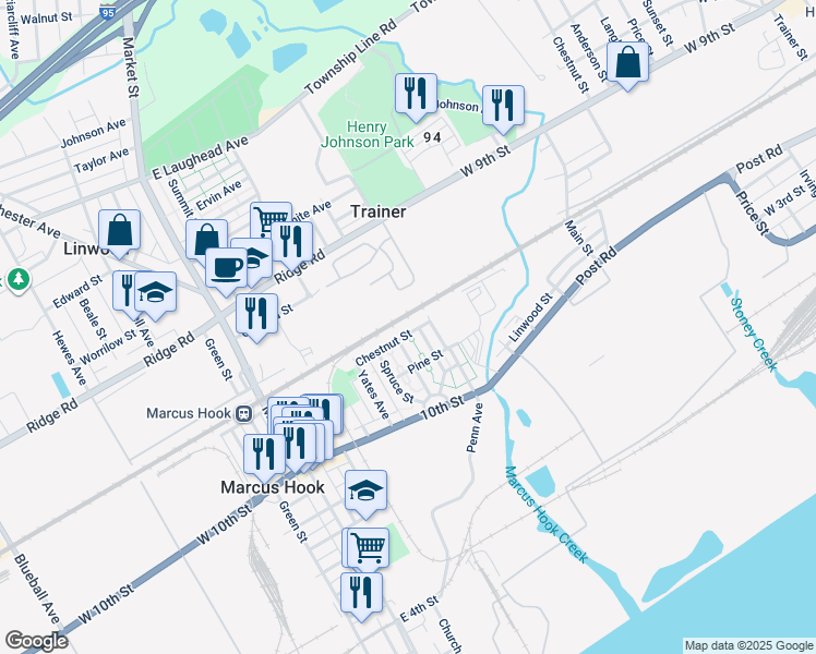 map of restaurants, bars, coffee shops, grocery stores, and more near 27 Chestnut Street in Marcus Hook