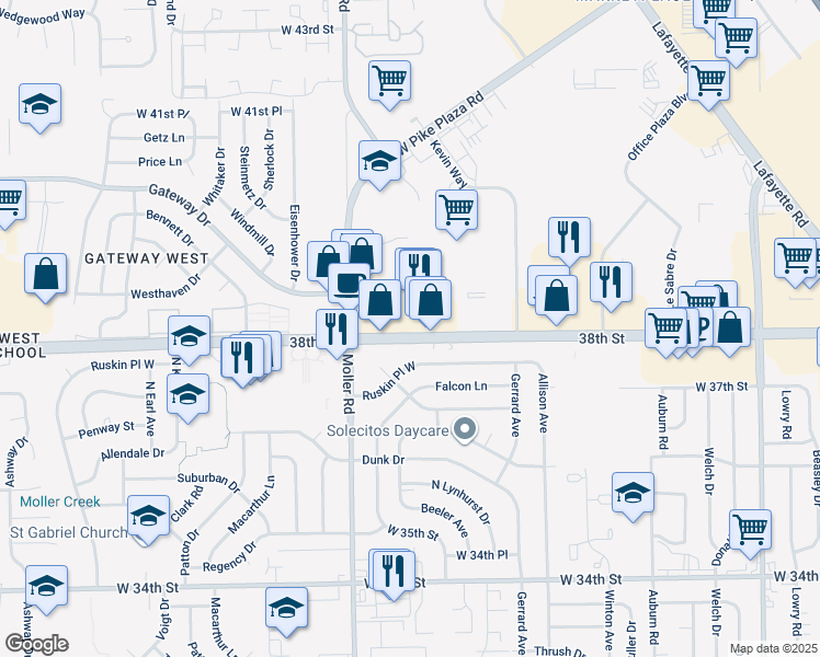 map of restaurants, bars, coffee shops, grocery stores, and more near 5435 West 38th Street in Indianapolis