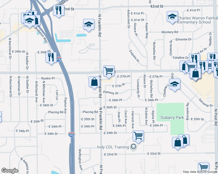 map of restaurants, bars, coffee shops, grocery stores, and more near 8031 East 37th Street in Indianapolis