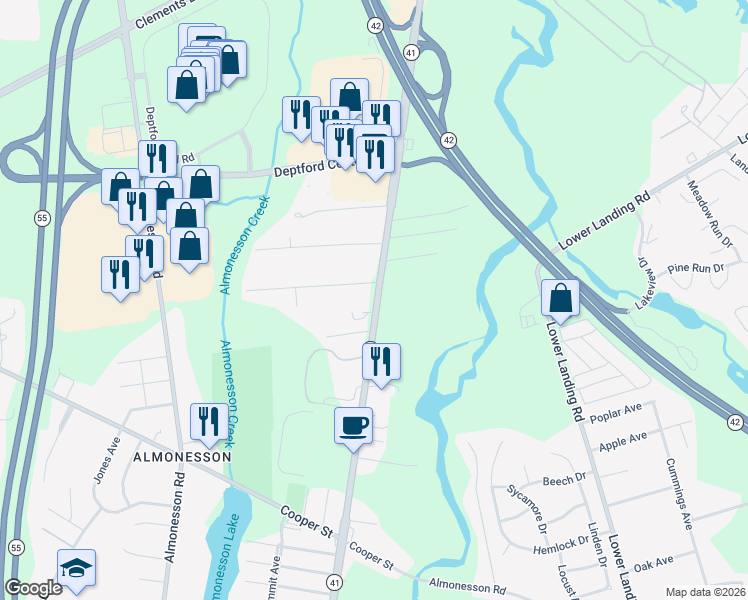 map of restaurants, bars, coffee shops, grocery stores, and more near 1295 Hurffville Road in Woodbury