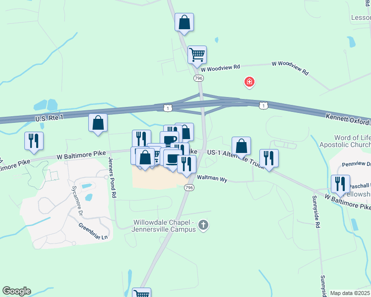 map of restaurants, bars, coffee shops, grocery stores, and more near 816 Old Baltimore Pike in West Grove