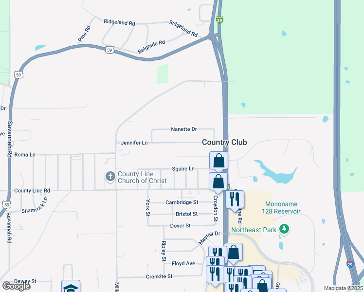 map of restaurants, bars, coffee shops, grocery stores, and more near 12 Chadwick Lane in Country Club