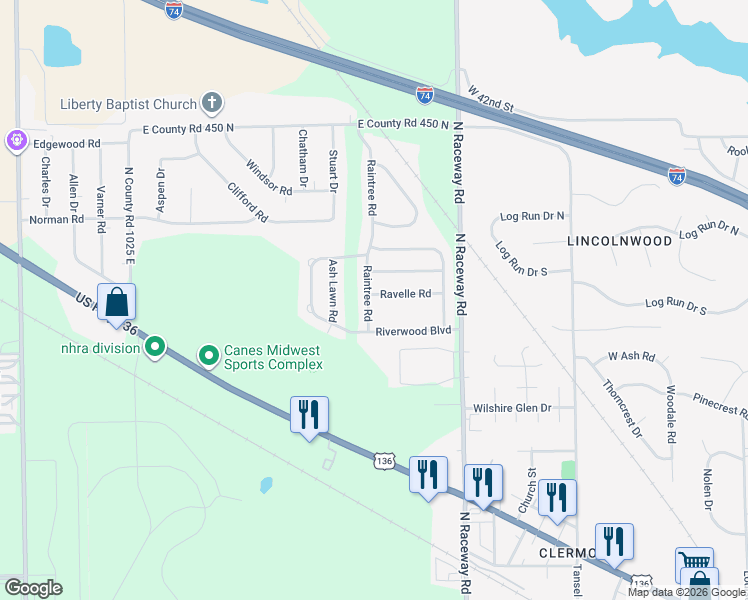 map of restaurants, bars, coffee shops, grocery stores, and more near 10789 Ravelle Road in Indianapolis