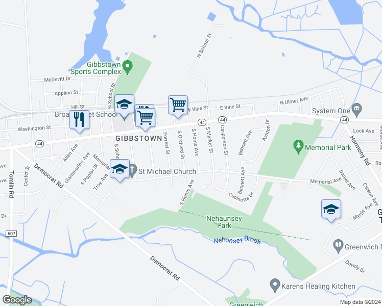 map of restaurants, bars, coffee shops, grocery stores, and more near 101 South Home Avenue in Greenwich Township