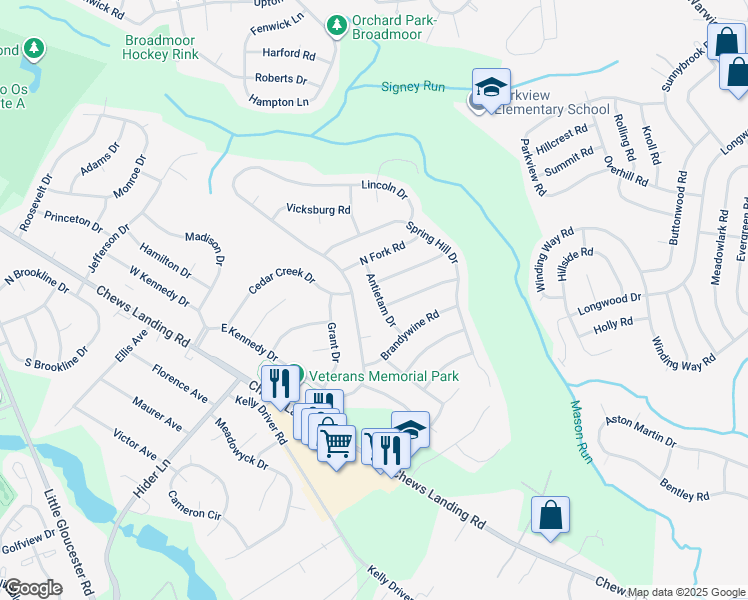 map of restaurants, bars, coffee shops, grocery stores, and more near 12 Antietam Drive in Laurel Springs