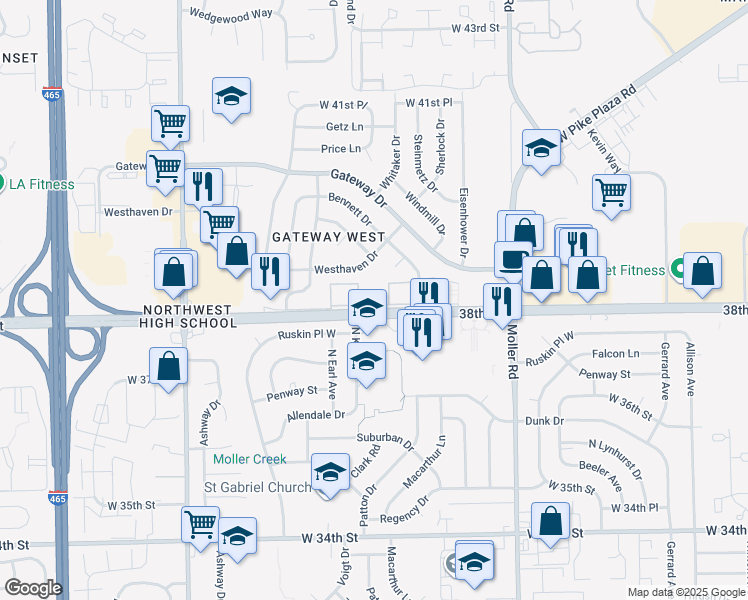 map of restaurants, bars, coffee shops, grocery stores, and more near 5816 West 38th Street in Indianapolis