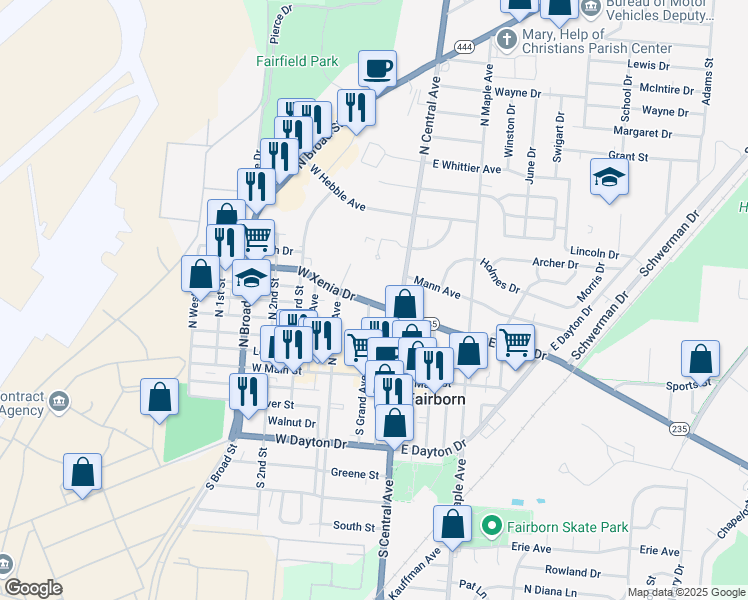 map of restaurants, bars, coffee shops, grocery stores, and more near 65 North Grand Avenue in Fairborn