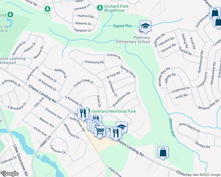 map of restaurants, bars, coffee shops, grocery stores, and more near 12 Antietam Drive in Laurel Springs