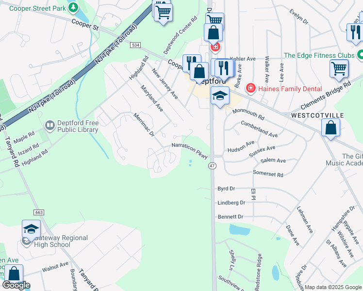 map of restaurants, bars, coffee shops, grocery stores, and more near Narraticon Parkway in Deptford Township