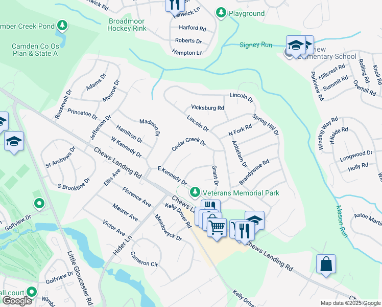 map of restaurants, bars, coffee shops, grocery stores, and more near 4 Bull Run Road in Clementon