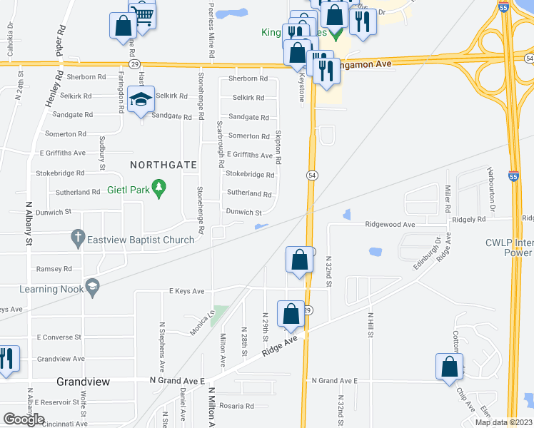 map of restaurants, bars, coffee shops, grocery stores, and more near 3022 Dunwich Street in Springfield