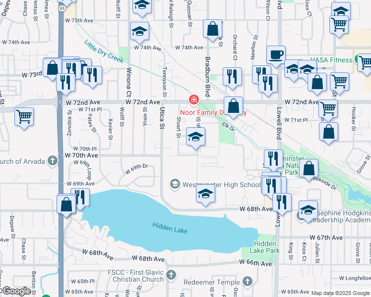 map of restaurants, bars, coffee shops, grocery stores, and more near 6933 Raleigh Street in Westminster