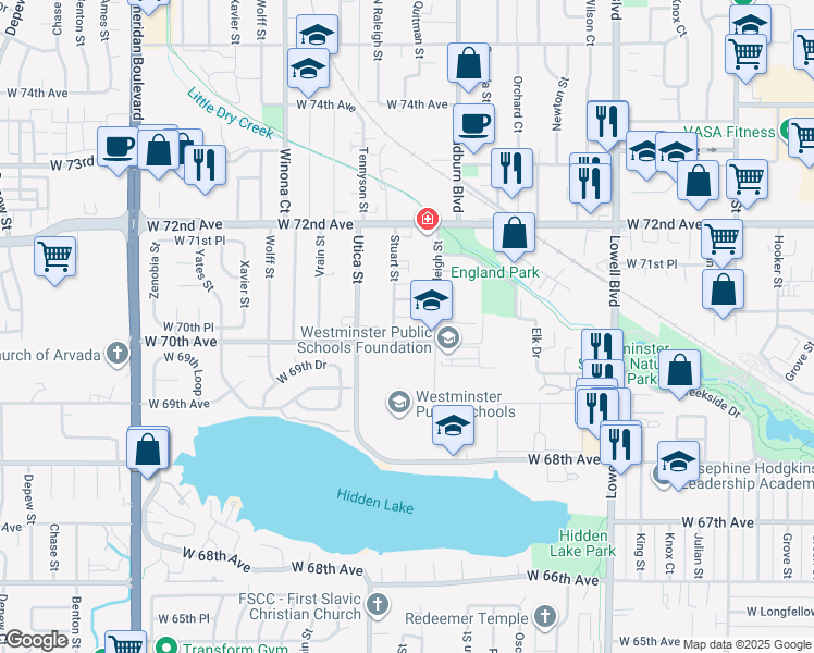 map of restaurants, bars, coffee shops, grocery stores, and more near 6933 North Raleigh Street in Westminster