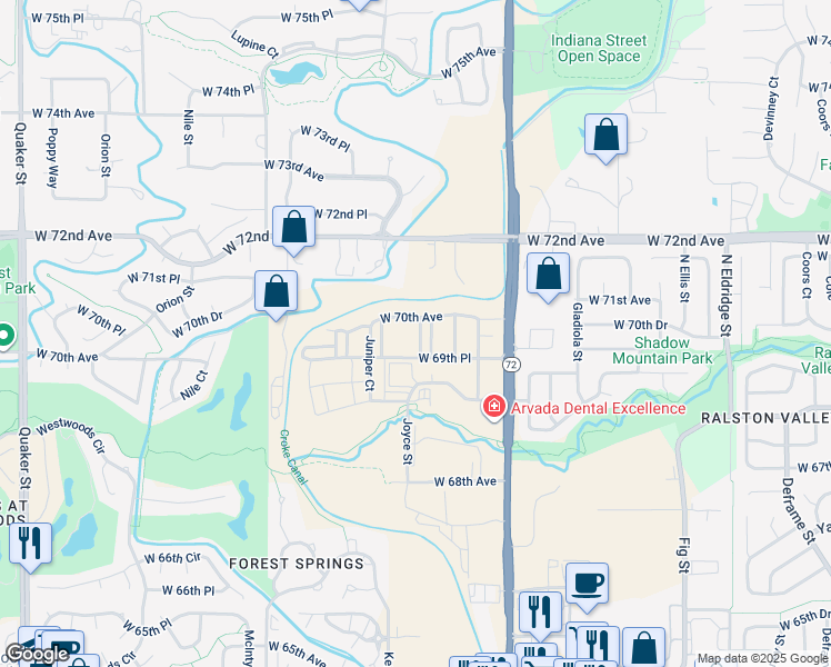 map of restaurants, bars, coffee shops, grocery stores, and more near 6959 Joyce Lane in Arvada